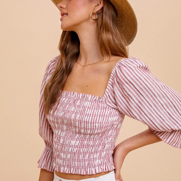 HEM & THREAD Red Striped Smocked Puff Sleeve Top, Square Neck Boho Blouse - Picture 4 of 5